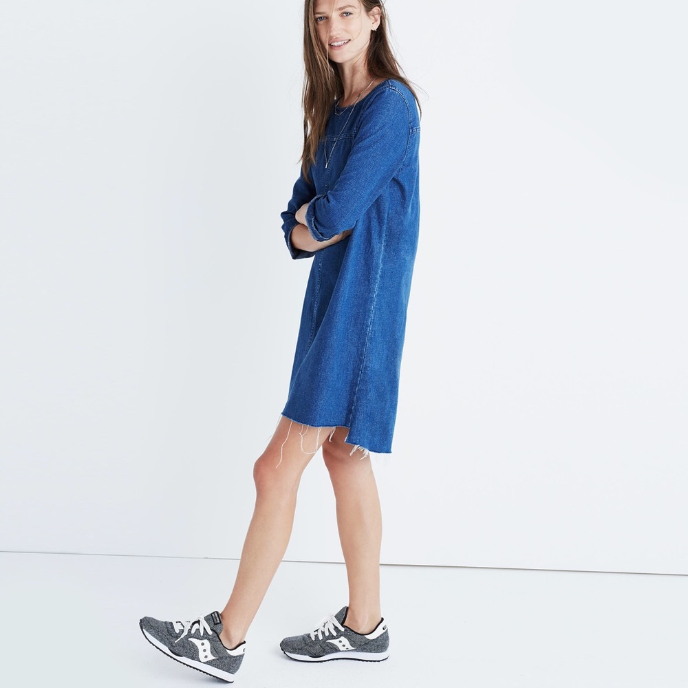 Madewell Denim Linen Blend Frayed Step Hem Dress